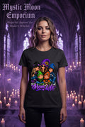 A black short-sleeve crewneck t-shirt featuring a colorful graphic of five cartoon-style moms in Halloween costumes with the text 'Mom Life' written below in purple script.