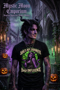 She's My Favorite Bad Influence Halloween t-shirt — black Gildan G200 Ultra Cotton tee with a purple demon babe with horns and a devilish grin, glowing jack-o'-lantern, green moon, bats, and gothic Halloween flair