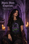 Spiritually Petty t-shirt — black Gildan G200 Ultra Cotton tee with a black cat wearing a witch hat beneath a glowing purple moon, surrounded by crystals, potion bottles, and a spellbook, from the Petty Witch Collection
