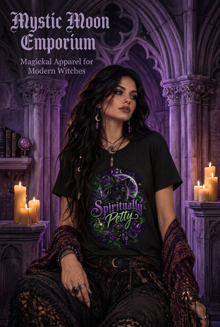 Spiritually Petty t-shirt — black Gildan G200 Ultra Cotton tee with a black cat wearing a witch hat beneath a glowing purple moon, surrounded by crystals, potion bottles, and a spellbook, from the Petty Witch Collection
