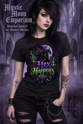 Black: Hex Happens t-shirt — black Gildan G200 Ultra Cotton tee with a badass black cat familiar and a bubbling cauldron in purple-and-green magic, from the Petty Witch Collection
