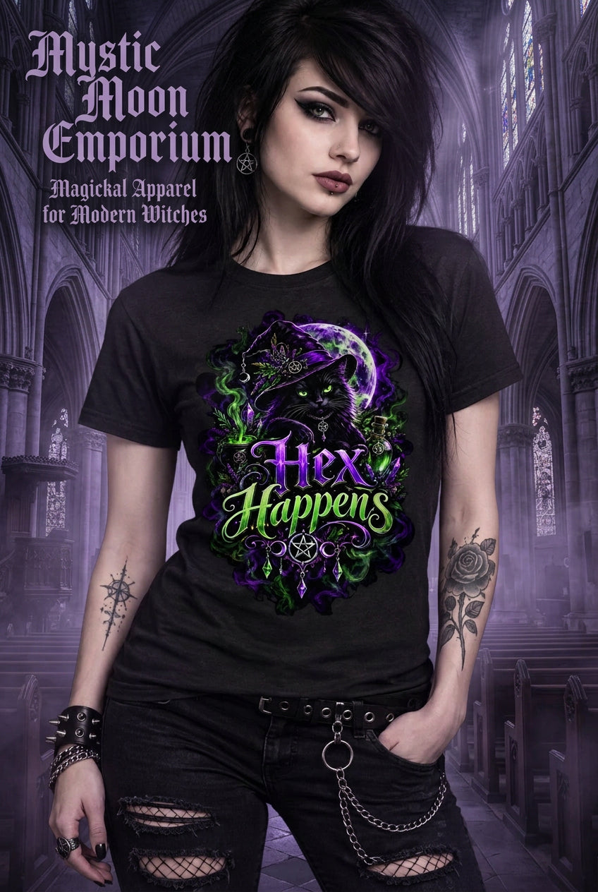 Black: Hex Happens t-shirt — black Gildan G200 Ultra Cotton tee with a badass black cat familiar and a bubbling cauldron in purple-and-green magic, from the Petty Witch Collection
