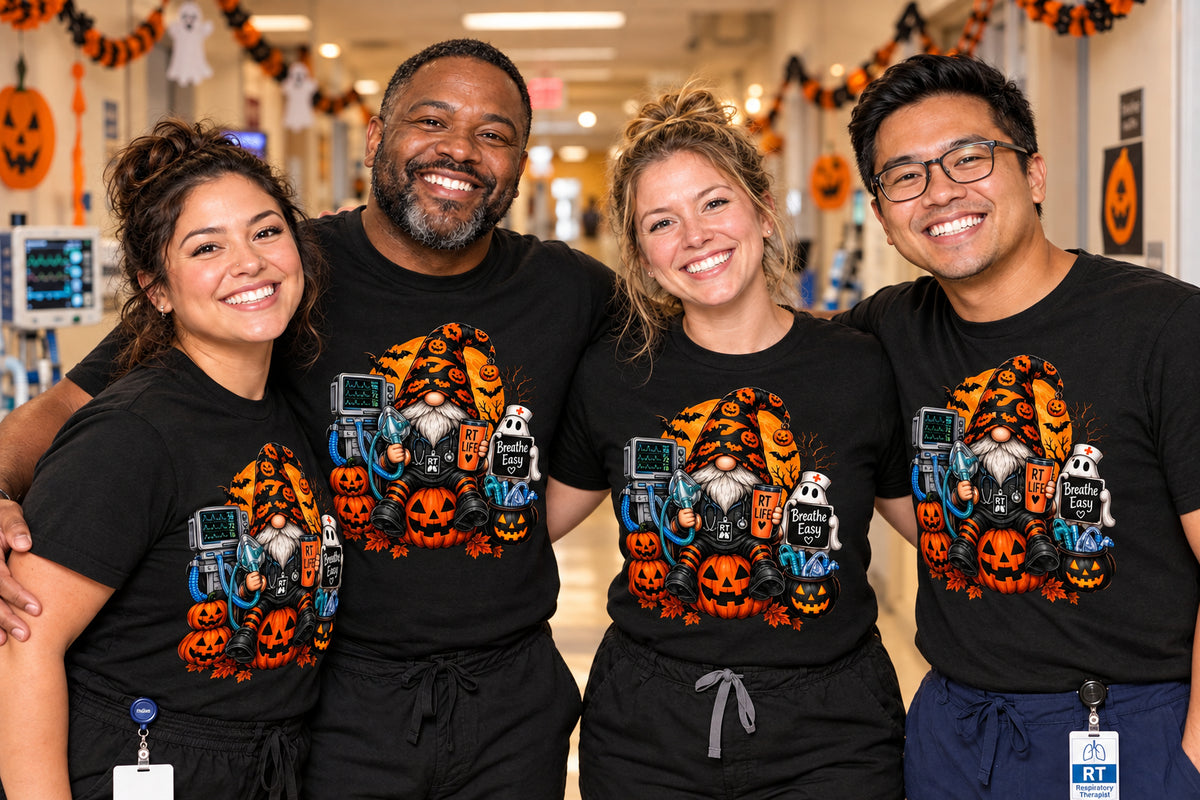 Halloween Male Gnome Respiratory Therapist For Life t-shirt — black Gildan G500 Heavy Cotton tee with a male gnome respiratory therapist Halloween design