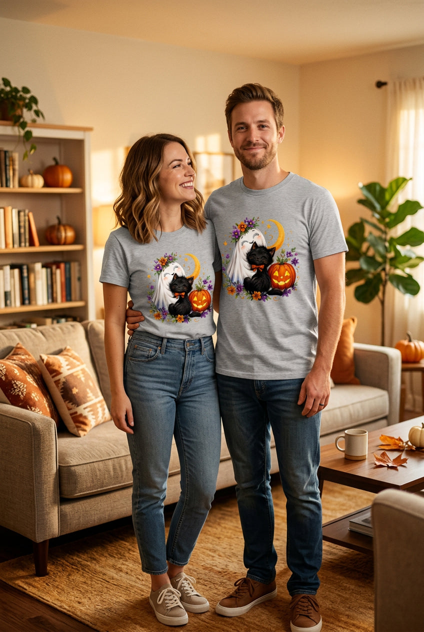 Ghost Hugging Cat Pumpkin Halloween t-shirt — sport grey Gildan G200 Ultra Cotton tee with a happy little ghost hugging a black cat wearing a dapper orange bow tie, a glowing jack-o-lantern, a crescent moon, and a ring of fall flowers
