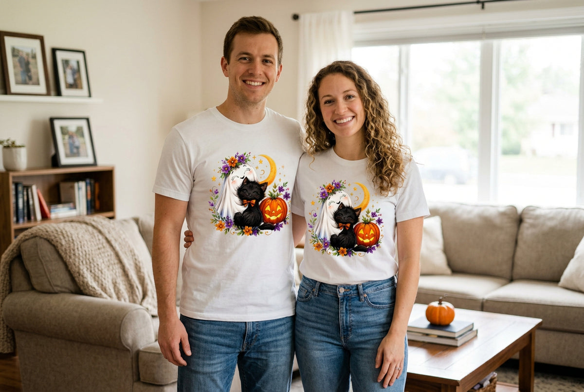 Ghost Hugging Cat Pumpkin Halloween t-shirt — ice grey Gildan G200 Ultra Cotton tee with a happy little ghost hugging a black cat wearing a dapper orange bow tie, a glowing jack-o-lantern, a crescent moon, and a ring of fall flowers
