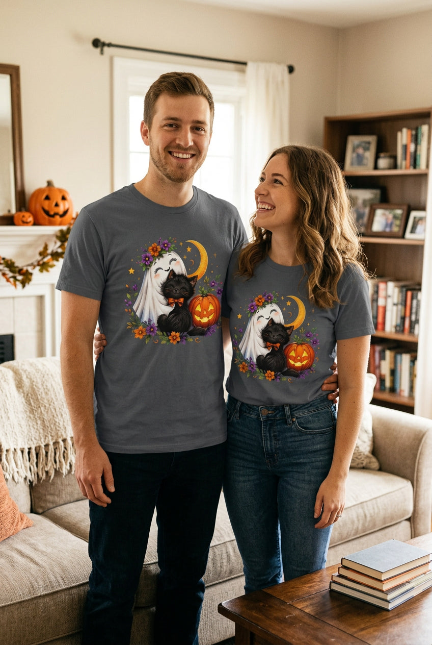 Ghost Hugging Cat Pumpkin Halloween t-shirt — charcoal Gildan G200 Ultra Cotton tee with a happy little ghost hugging a black cat wearing a dapper orange bow tie, a glowing jack-o-lantern, a crescent moon, and a ring of fall flowers