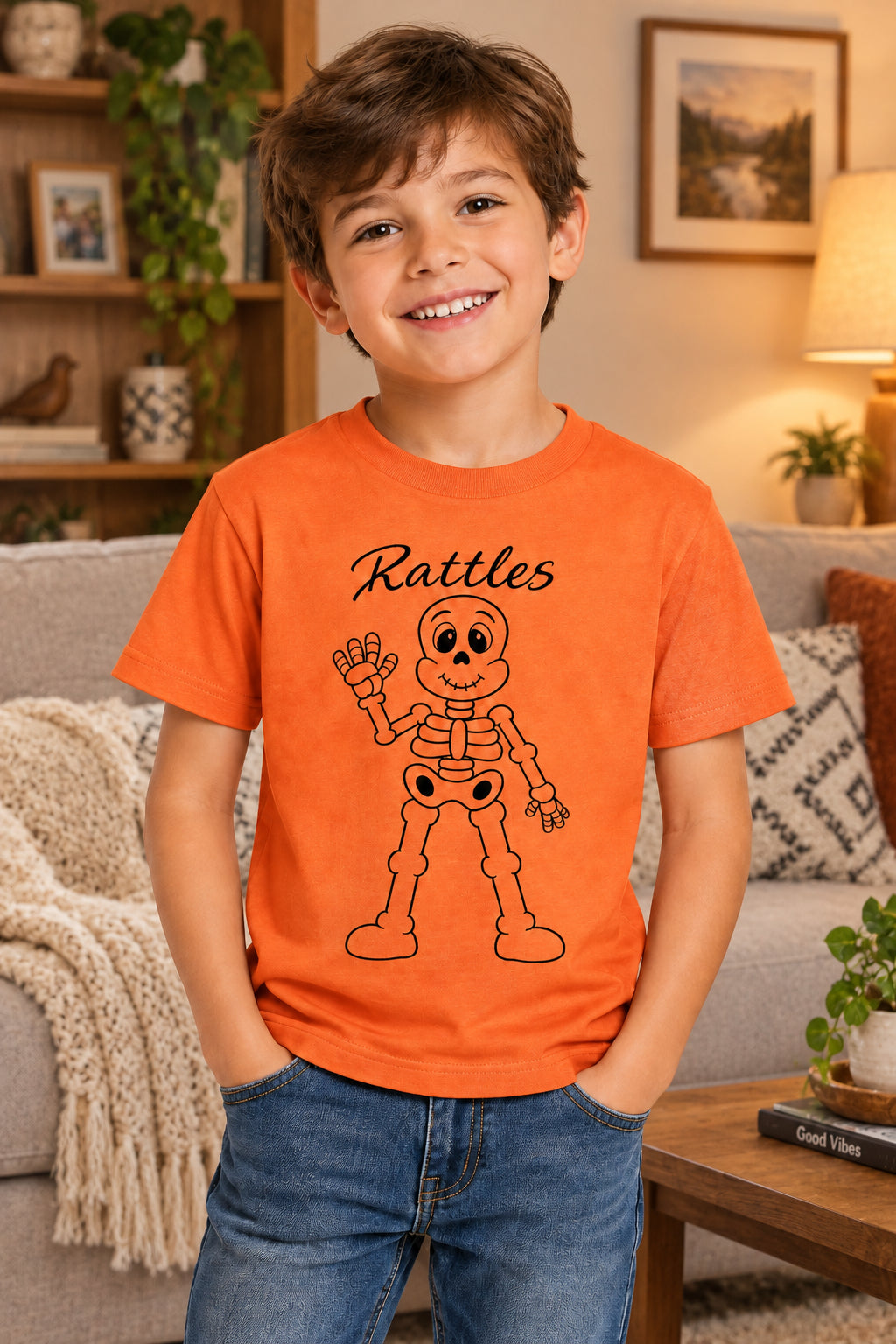 orange Gildan 3000B tee with Rattles the skeleton in raw hand-drawn line art, an original Mystic Moon Emporium character