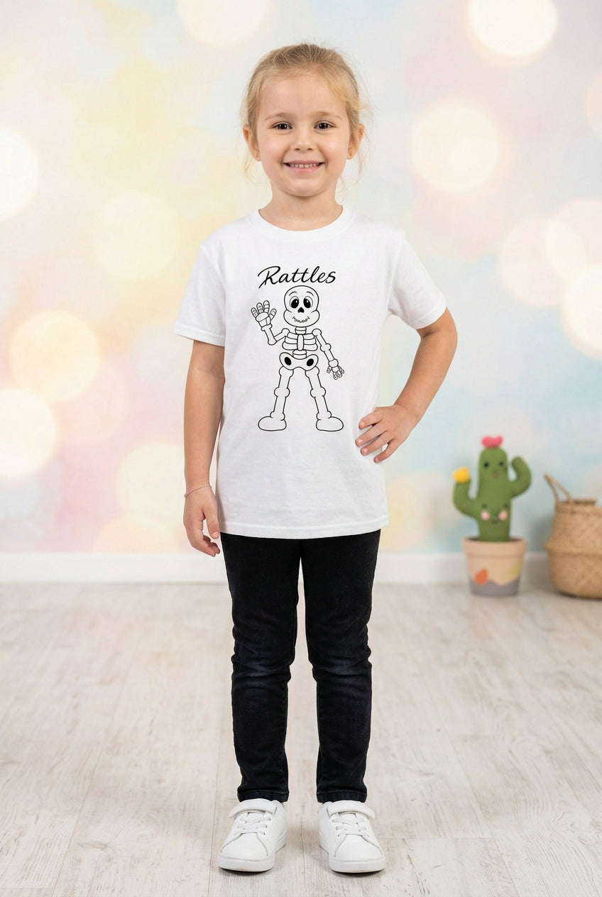 Rattles youth t-shirt — white Gildan 3000B tee with Rattles the skeleton in raw hand-drawn line art, an original Mystic Moon Emporium character