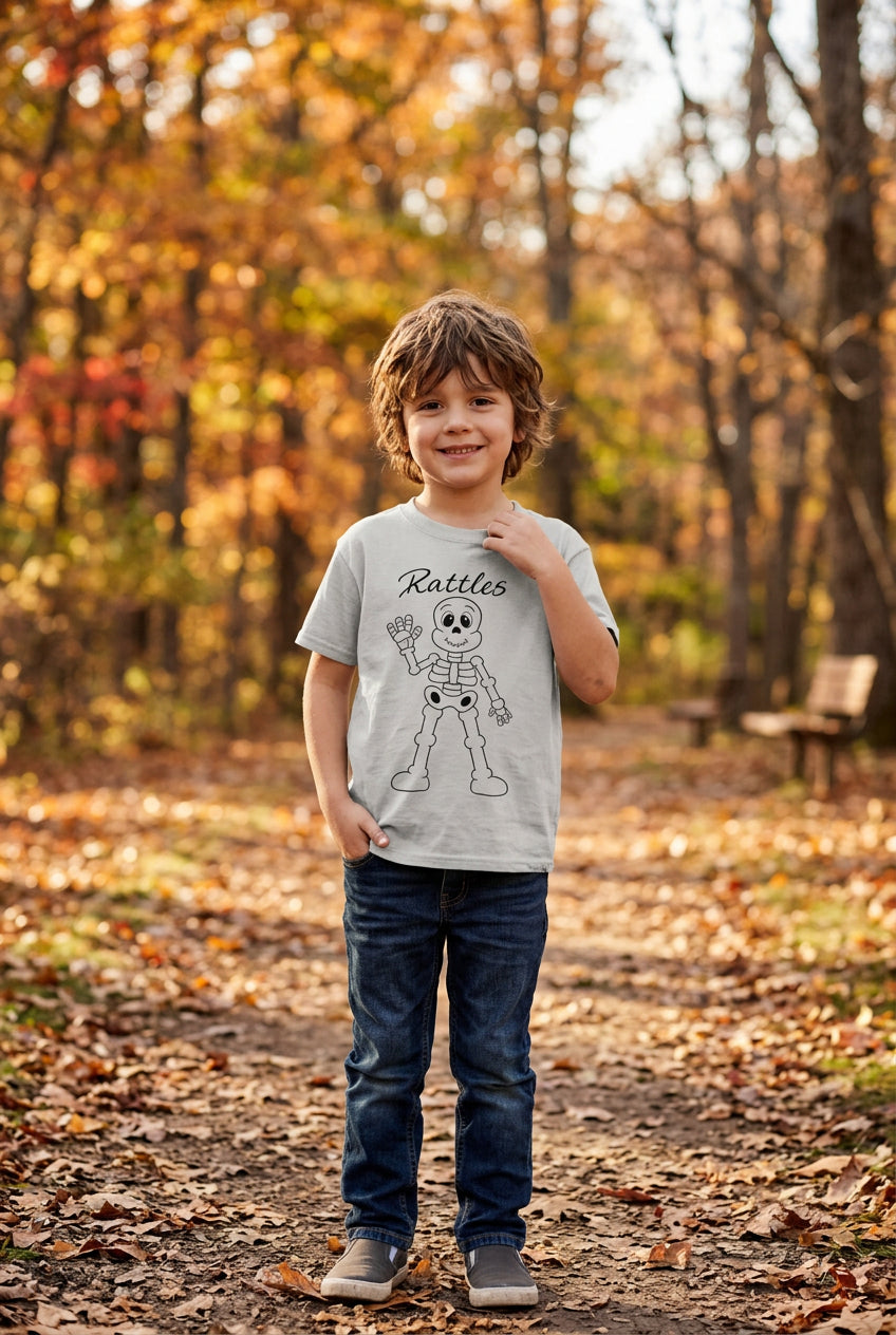 Rattles youth t-shirt — ash Gildan 3000B tee with Rattles the skeleton in raw hand-drawn line art, an original Mystic Moon Emporium character
