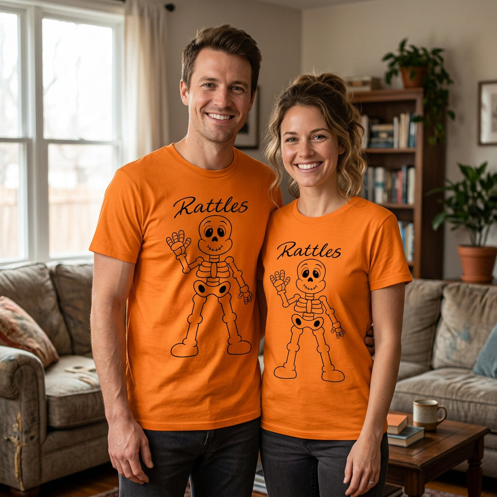 Rattles t-shirt — tennessee orange tee with Rattles the skeleton in raw hand-drawn line art, an original Mystic Moon Emporium character