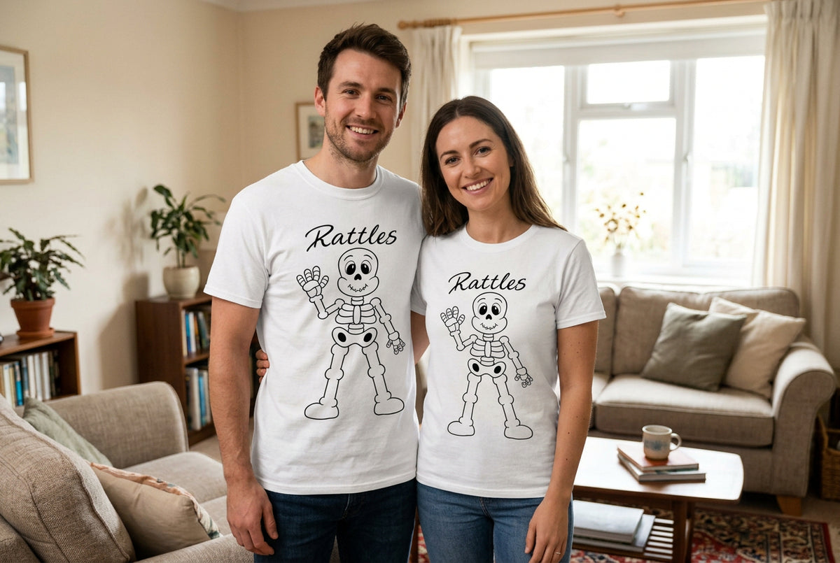  white tee with Rattles the skeleton in raw hand-drawn line art, an original Mystic Moon Emporium character