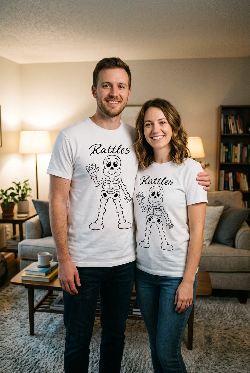 ash tee with Rattles the skeleton in raw hand-drawn line art, an original Mystic Moon Emporium character