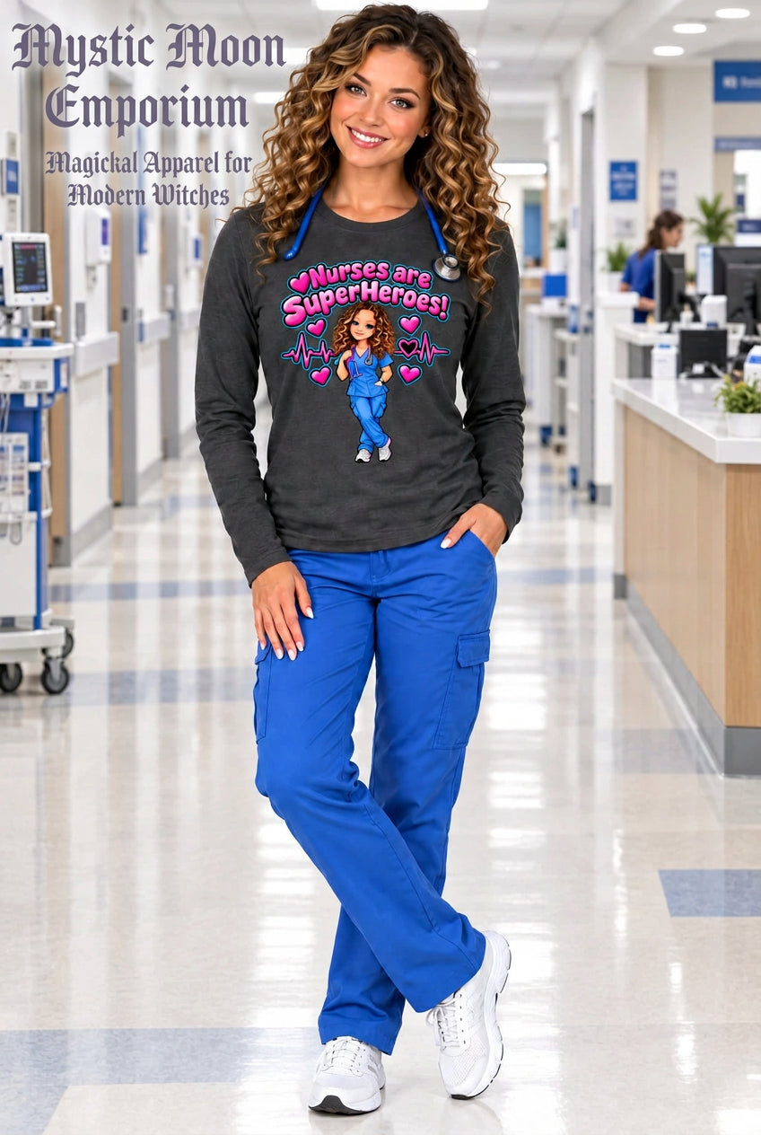 Nurses Are SuperHeroes! long-sleeve t-shirt — Charcoal Port & Company LPC54LS ladies' long-sleeve tee with an adorable nurse superhero in scrubs graphic