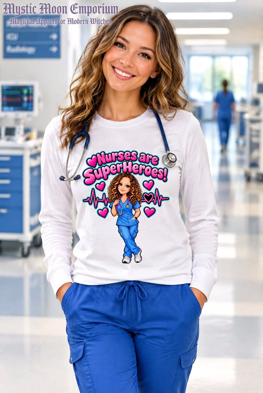 Nurses Are SuperHeroes! long-sleeve t-shirt — White Port & Company LPC54LS ladies' long-sleeve tee with an adorable nurse superhero in scrubs graphic