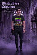 Black: Monster Mash Halloween t-shirt — black Gildan 3000 Light Cotton tee with Frankenstein, the Bride, Dracula, and the Mummy dancing at a monster party in dripping green and purple slime
