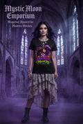 Same Witch, Different Day Halloween t-shirt — black Gildan G200 Ultra Cotton tee with a gorgeous purple-haired witch with her crystal ball and black cat, spooky trimmings in vibrant purple, green, and orange