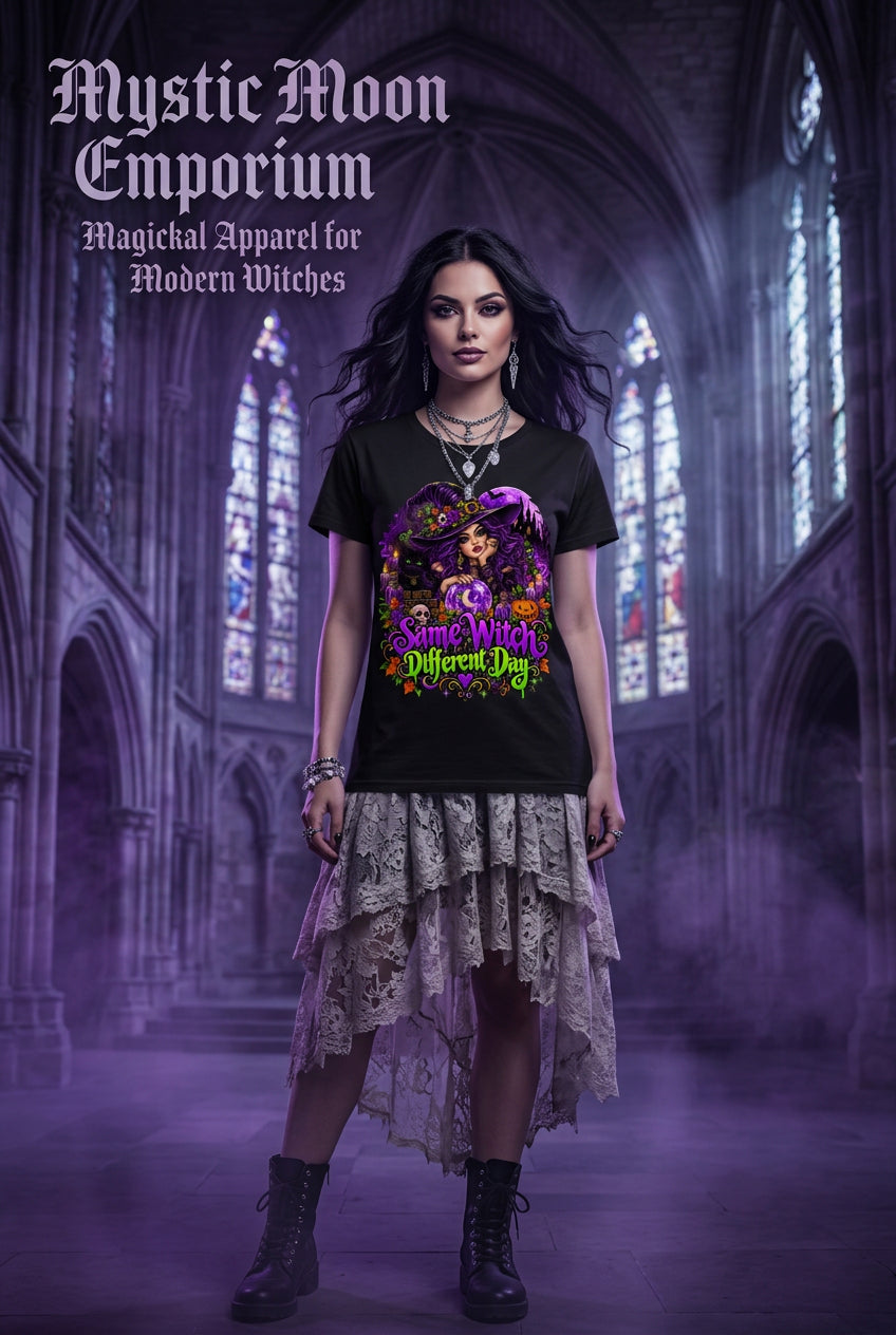 Same Witch, Different Day Halloween t-shirt — black Gildan G200 Ultra Cotton tee with a gorgeous purple-haired witch with her crystal ball and black cat, spooky trimmings in vibrant purple, green, and orange