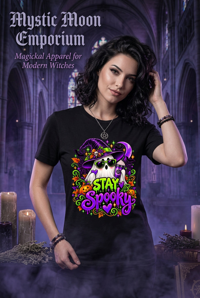 Stay Spooky Halloween t-shirt — black Gildan G200 Ultra Cotton tee with a chill ghost wearing sunglasses and a witch hat, sipping a purple potion against a sparkling full moon, in vibrant purple, green, and orange