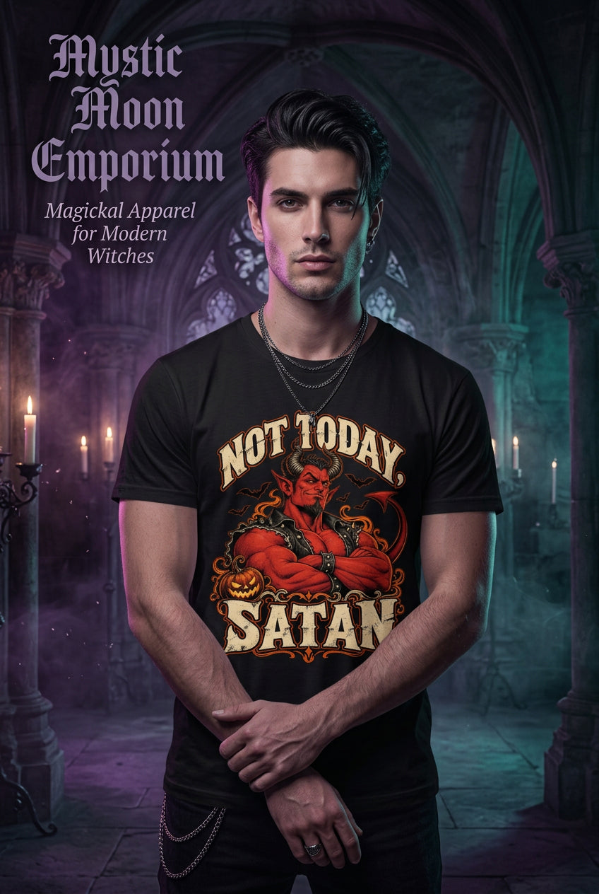 A black short-sleeve crewneck t-shirt featuring a graphic print of a red devil with crossed arms, surrounded by the text 'NOT TODAY SATAN' in a distressed cream font, set against a plain white background.