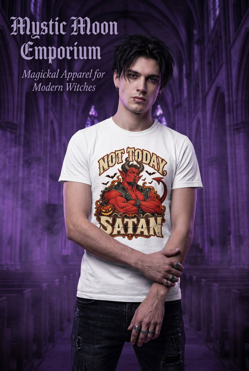 A white short-sleeve crewneck t-shirt featuring a graphic print of a red devil with crossed arms, surrounded by the text 'NOT TODAY SATAN' in a distressed beige font.