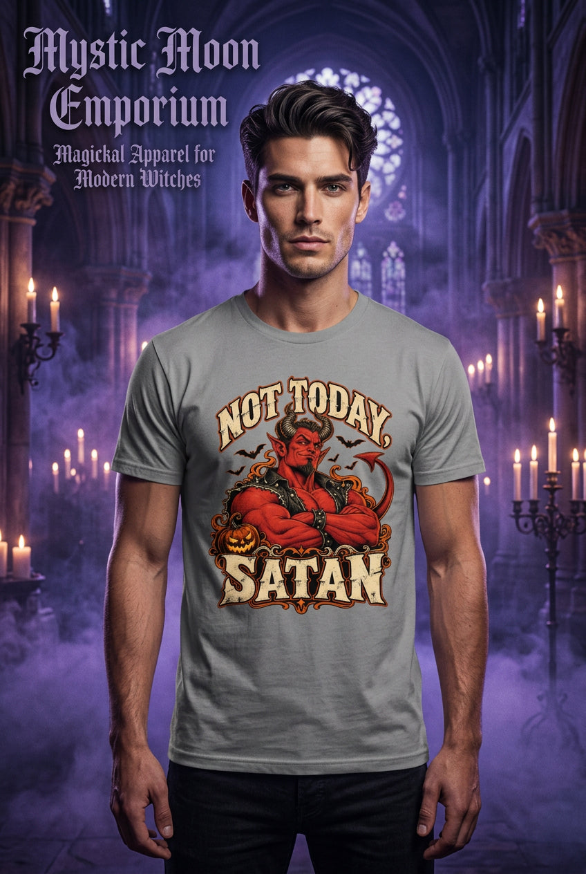 A gray short-sleeve crewneck t-shirt featuring a graphic print of a red devil with crossed arms, surrounded by the text 'NOT TODAY SATAN' in a distressed cream font.