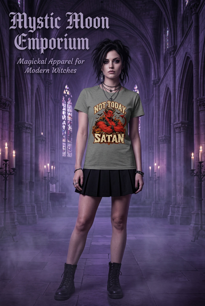 A graphic heather short-sleeve t-shirt with a graphic print of a horned devil with crossed arms, surrounded by the text 'NOT TODAY SATAN' in a distressed cream font.