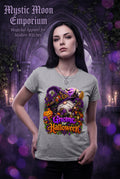 Gnome For Halloween t-shirt — ash grey Gildan G200 Ultra Cotton tee with a classic Halloween gnome, pointed hat pulled down over his eyes, round nose and fluffy beard, with pumpkins