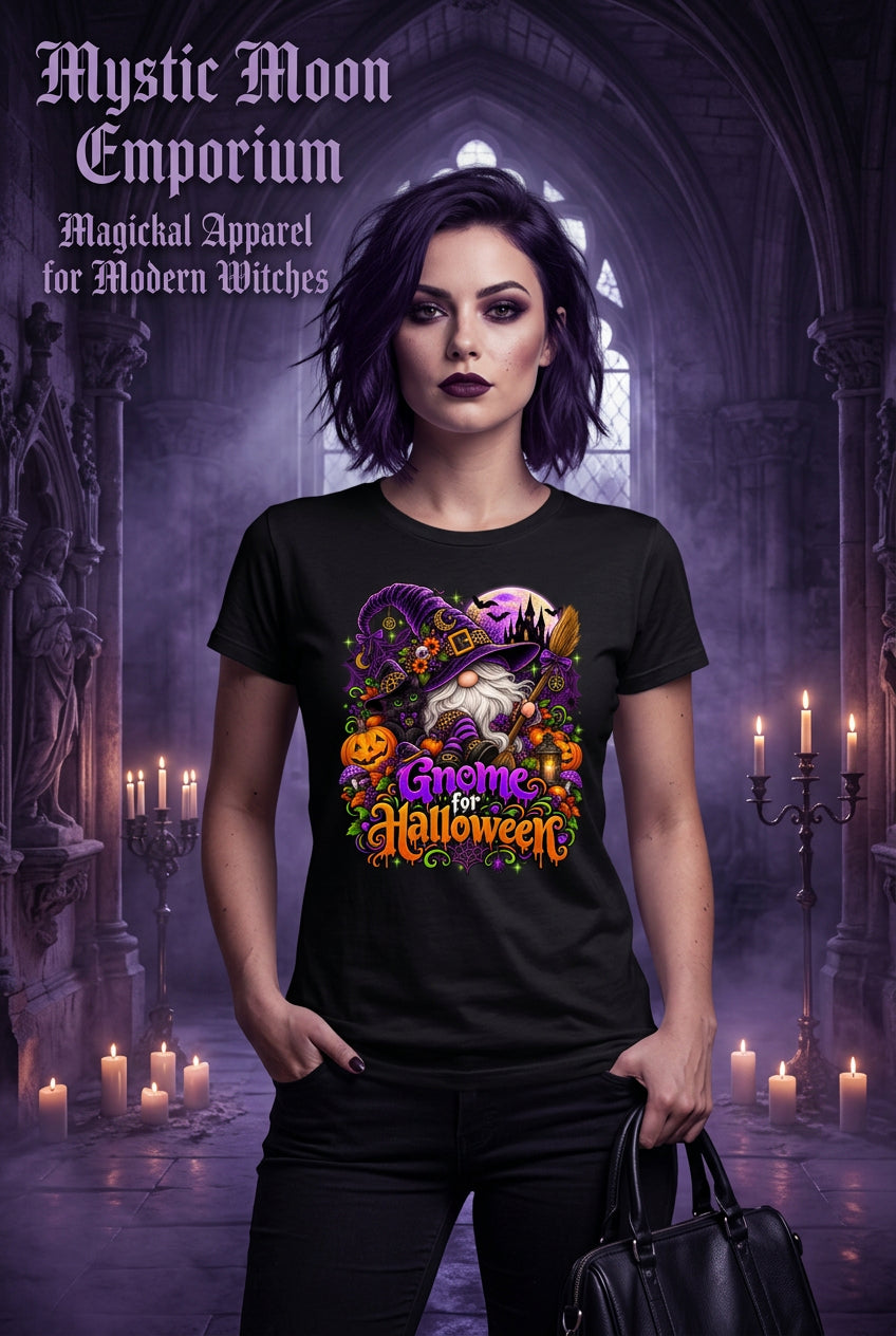 Gnome For Halloween t-shirt — black Gildan G200 Ultra Cotton tee with a classic Halloween gnome, tall pointed hat pulled down over his eyes, big round nose and fluffy beard, with pumpkins
