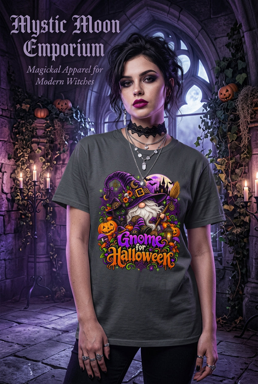 Gnome For Halloween t-shirt — charcoal Gildan G200 Ultra Cotton tee with a classic Halloween gnome, hat over his eyes, big nose and beard