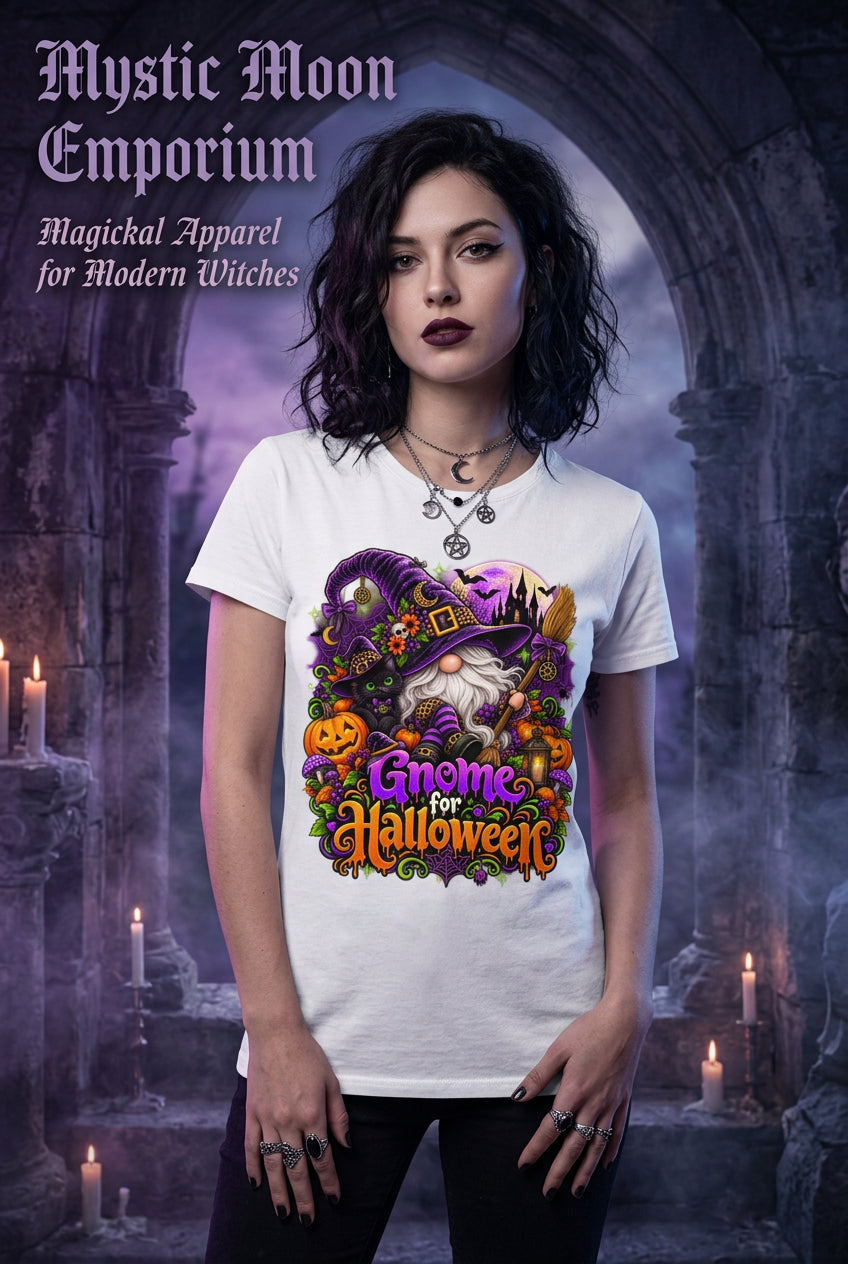 Gnome For Halloween t-shirt — white Gildan G200 Ultra Cotton tee with a classic Halloween gnome, tall pointed hat pulled down over his eyes, big round nose and fluffy beard, with pumpkins