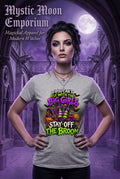 If You Can't Fly With The Big Girls Stay Off The Broom Halloween t-shirt — ash grey Gildan G200 Ultra Cotton tee with a witch flying on her broom
