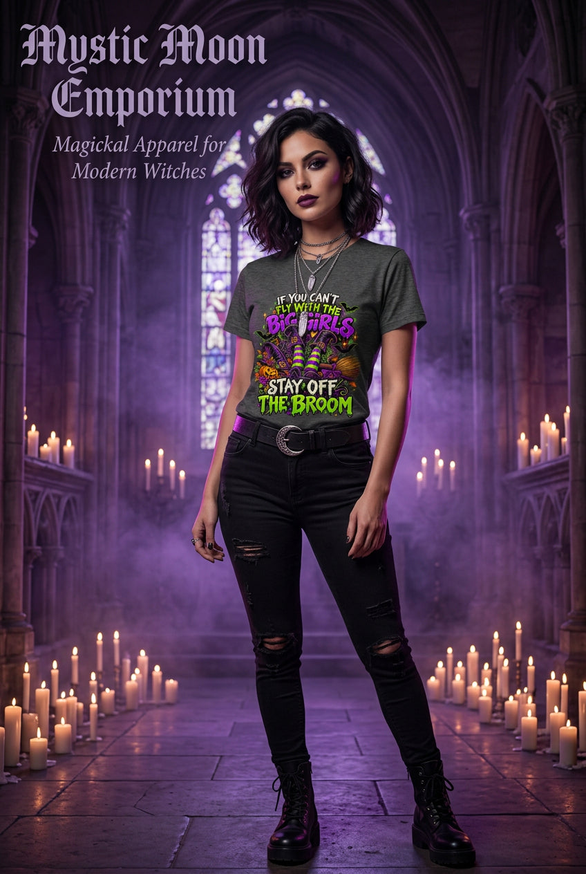 Dark Heather alt text: If You Can't Fly With The Big Girls Stay Off The Broom Halloween t-shirt — dark heather Gildan G200 Ultra Cotton tee with a witch flying on her broomstick
